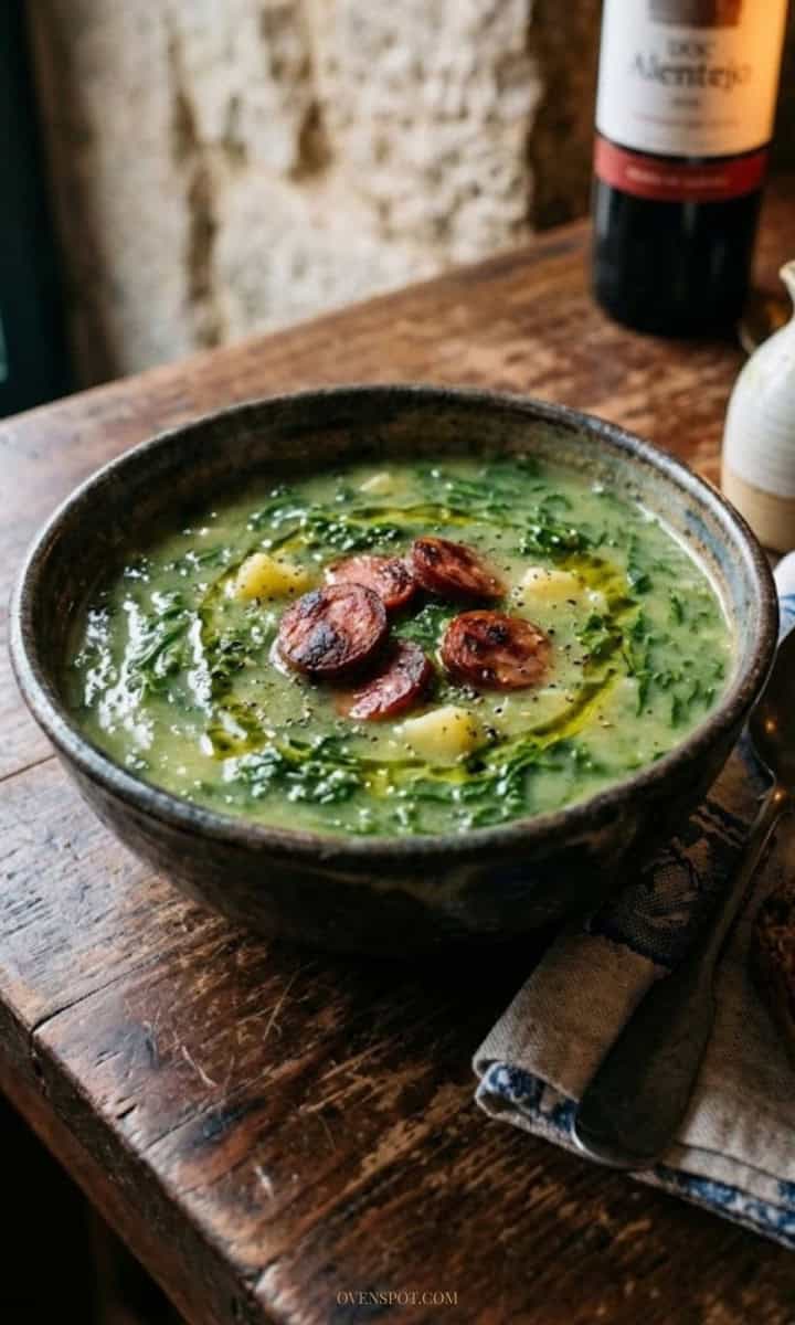 bowl of traditional Portuguese caldo verde soup with kale, potatoes, and chourico