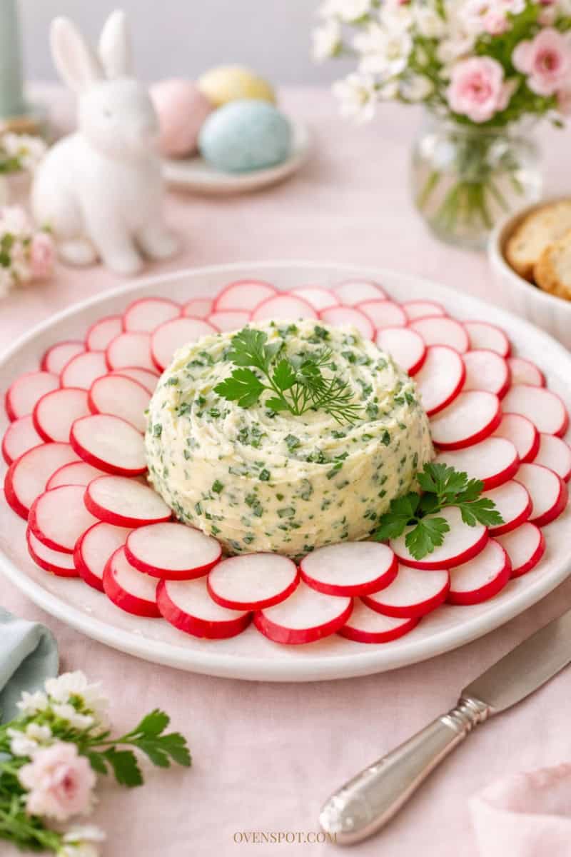 Herb butter spread surrounded by fresh sliced radishes