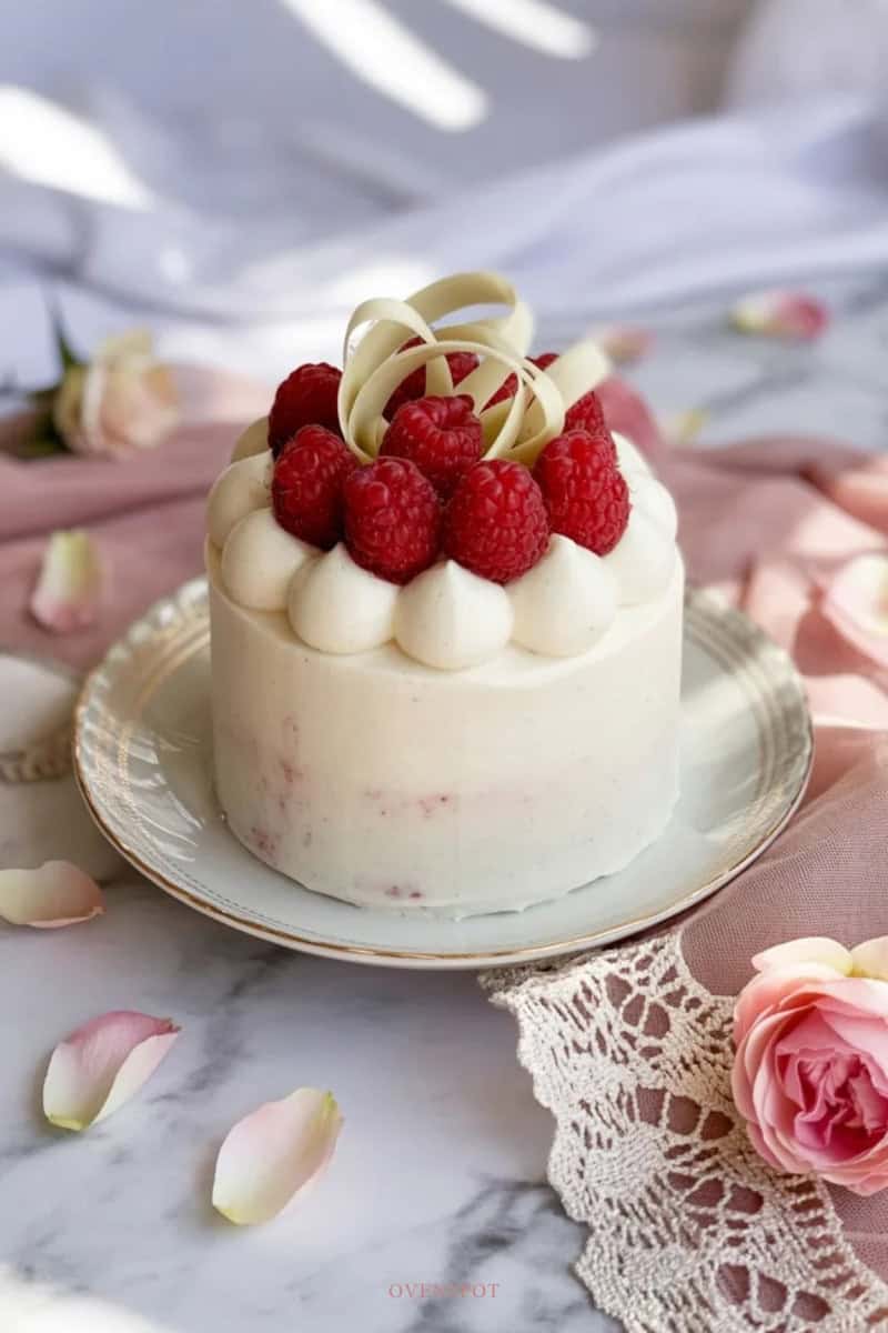 Mini raspberry cake with white buttercream frosting, fresh raspberries, and white chocolate shavings