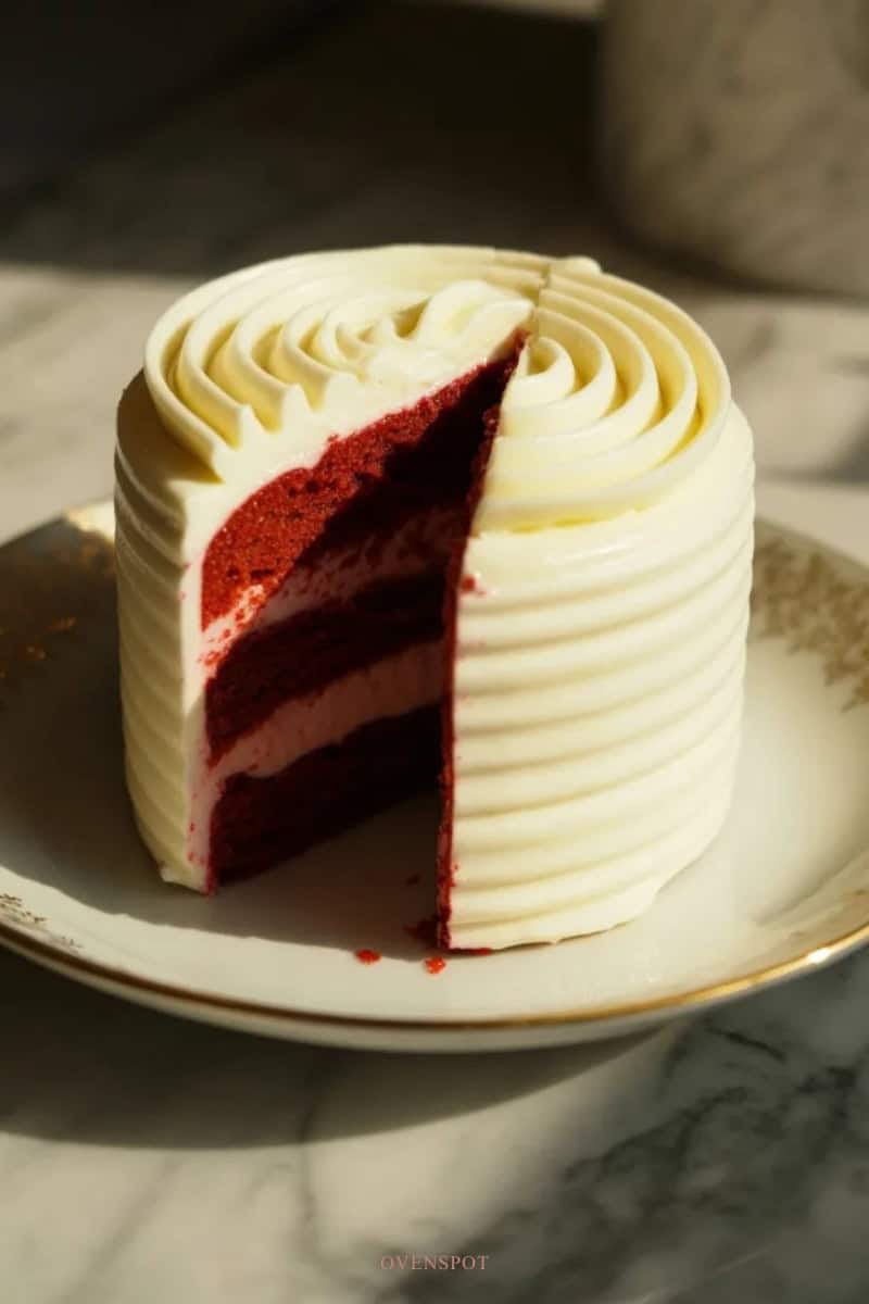 Mini red velvet cake with cream cheese frosting and visible red sponge layers