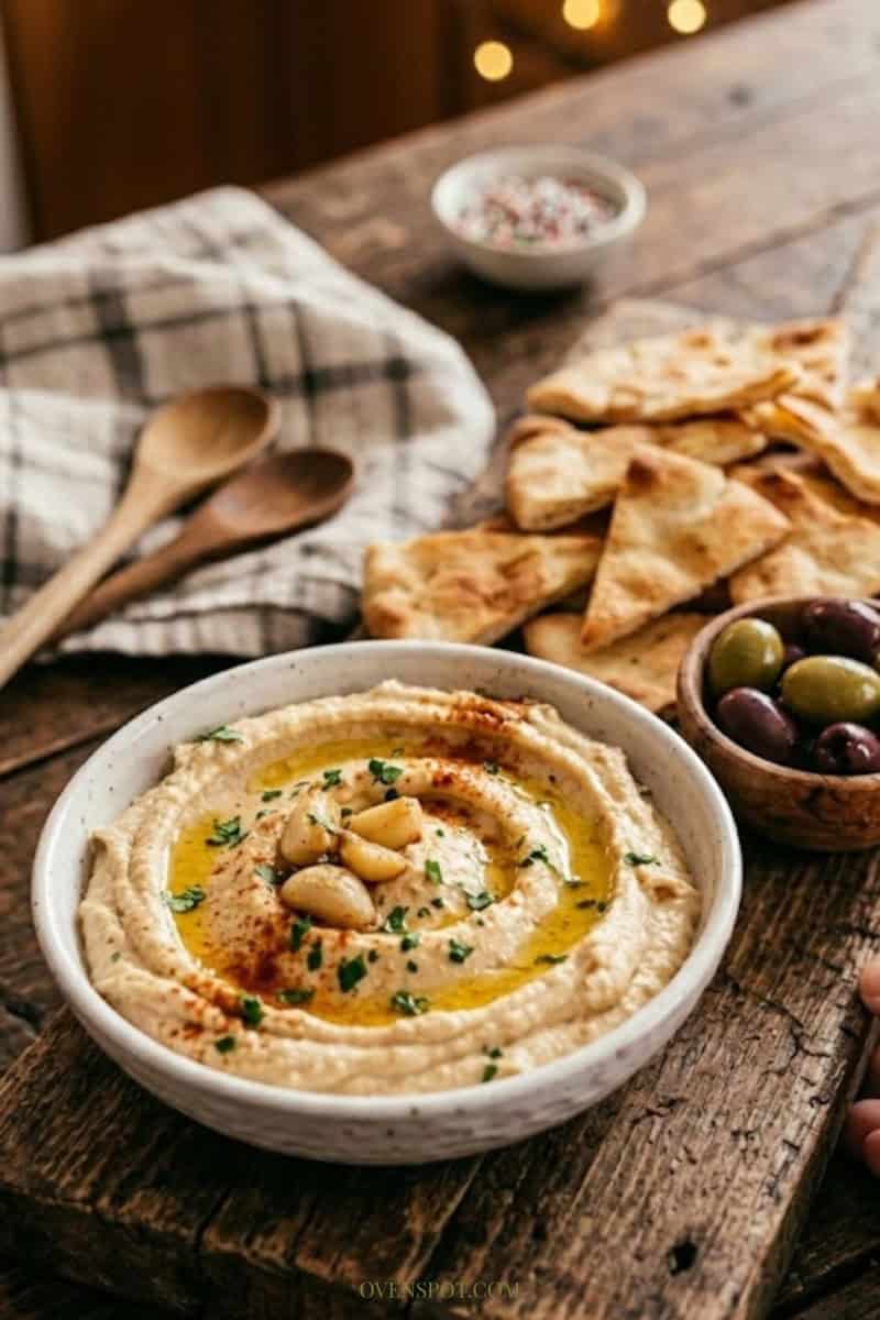 Creamy roasted garlic hummus with pita chips and olives