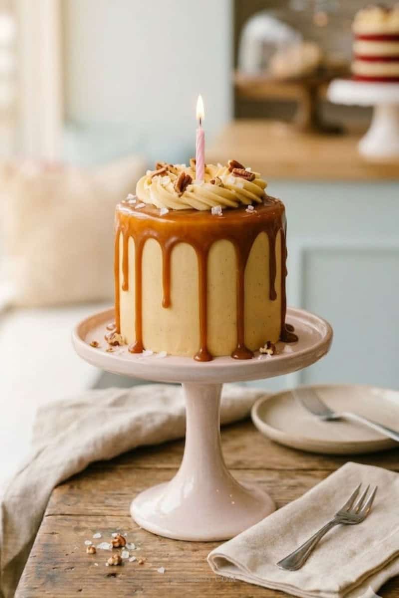 Small caramel drip cake with buttercream frosting and salted caramel dripping down the sides