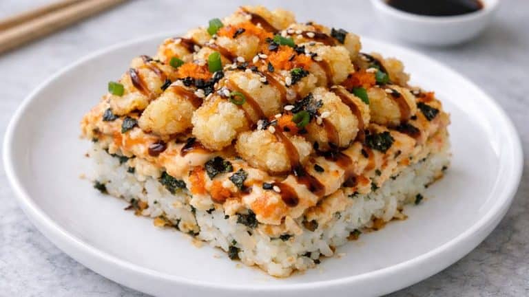 Shrimp tempura sushi bake square with crispy tempura, spicy mayo, and eel sauce on a white plate