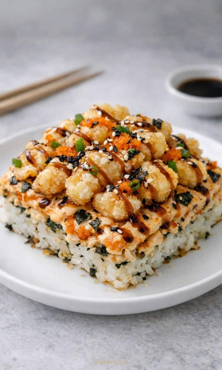 Shrimp tempura sushi bake square with crispy tempura, spicy mayo, and eel sauce on a white plate