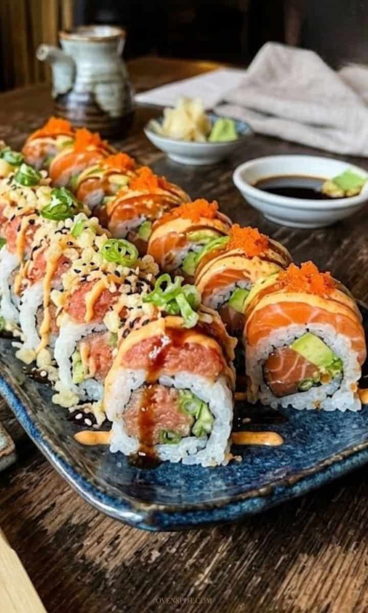 Sliced spicy tuna sushi roll on a white plate with ginger and wasabi