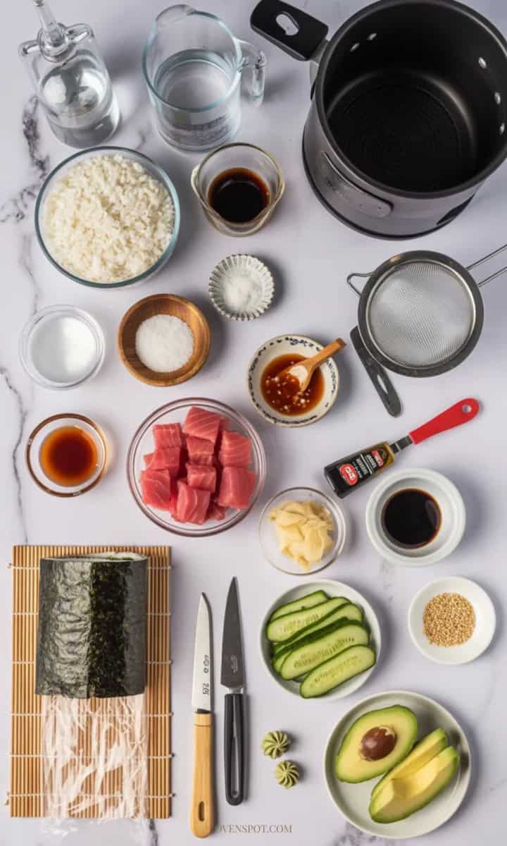 Ingredients and tools for making spicy tuna sushi rolls