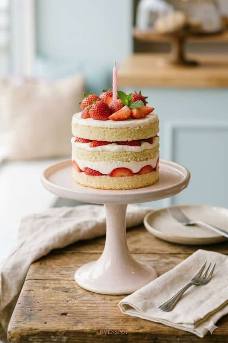 Mini strawberry cream cake with whipped cream frosting and fresh strawberry slices