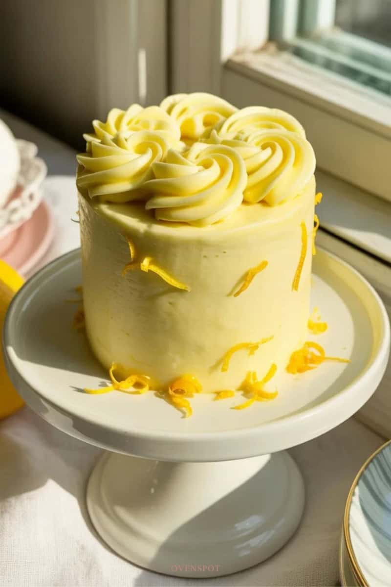 Small lemon mini cake with pale yellow buttercream frosting and lemon zest garnish on a white cake stand