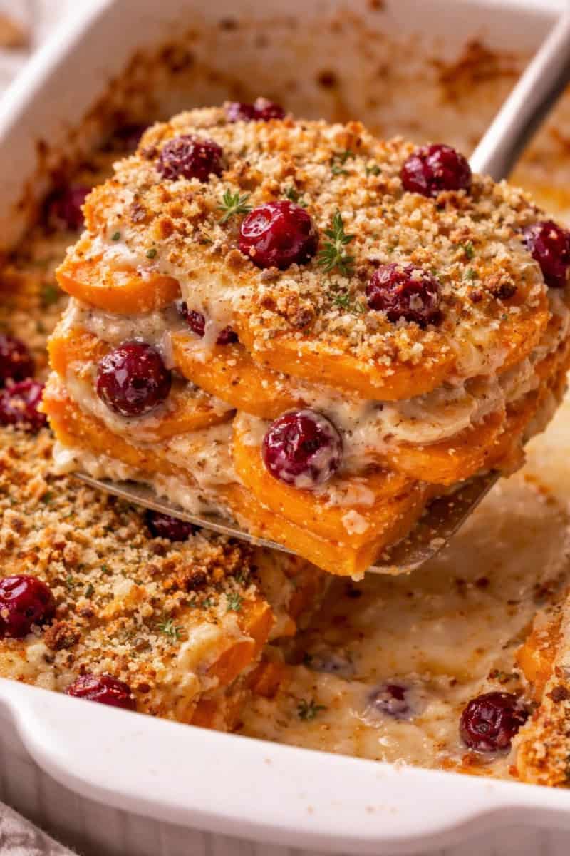 Slice of sweet potato and cranberry gratin being lifted from a white baking dish, showing creamy layers, tart cranberries, and a golden, crunchy topping