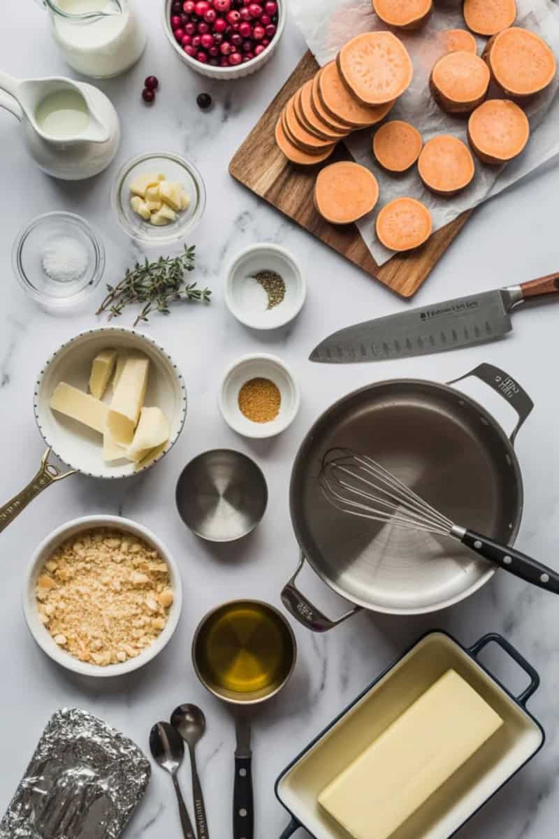 Ingredients and tools laid out for sweet potato and cranberry gratin
