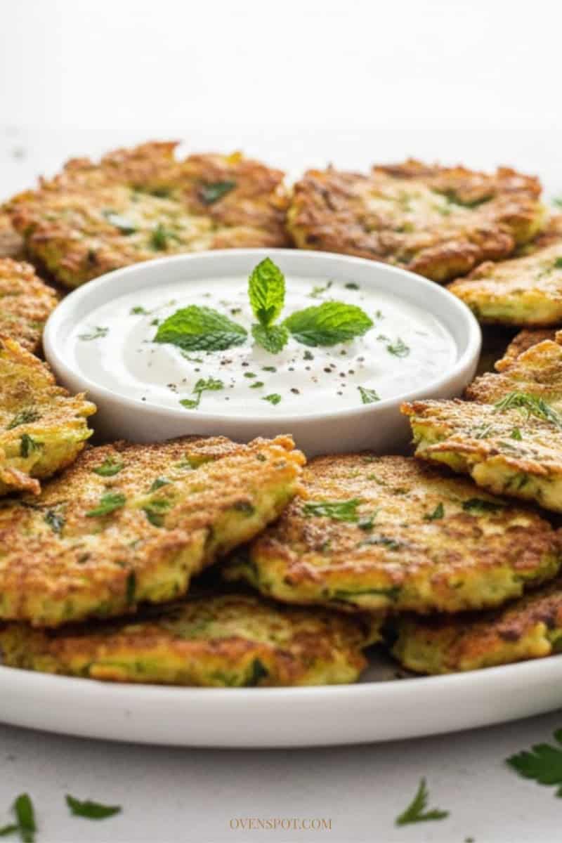 Golden zucchini fritters served with yogurt dipping sauce