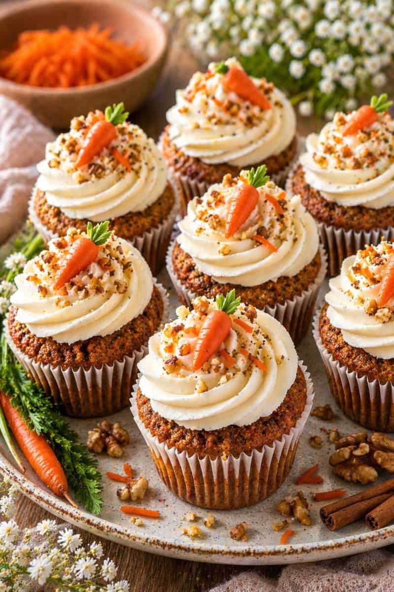 carrot cupcakes topped with creamy frosting