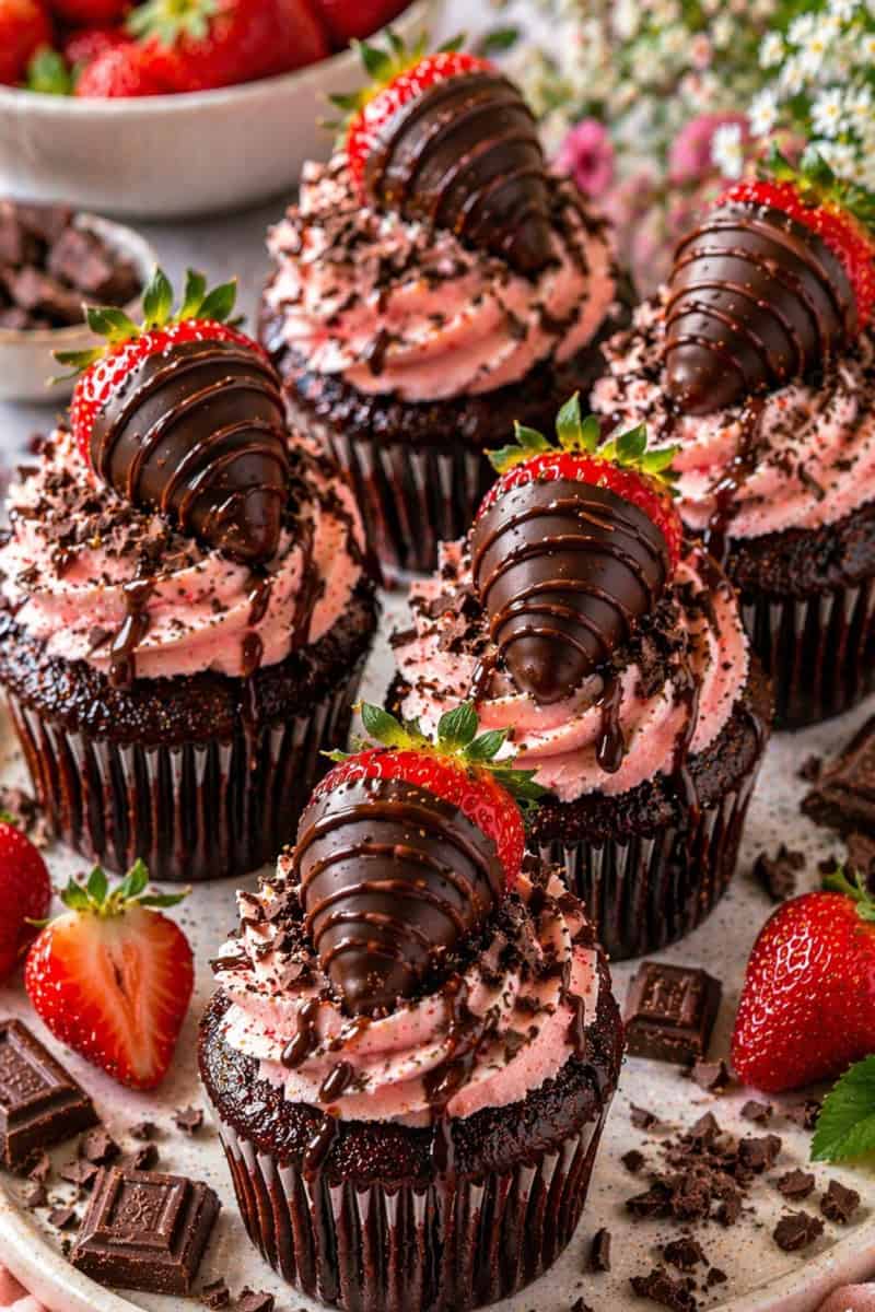 Rich chocolate cupcakes topped with silky frosting and a chocolate-dipped strawberry