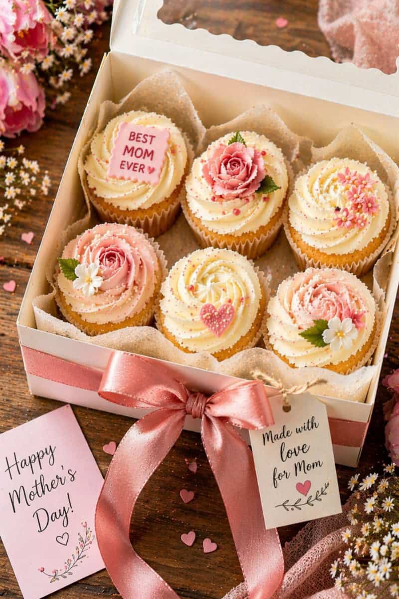 collection of mother's day cupcakes in a bakery-style box