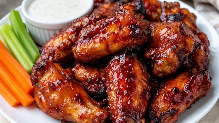 Crispy baked BBQ chicken wings piled on a white plate with glossy caramelized sauce, served with celery sticks, carrot sticks, and a ramekin of creamy dipping sauce.