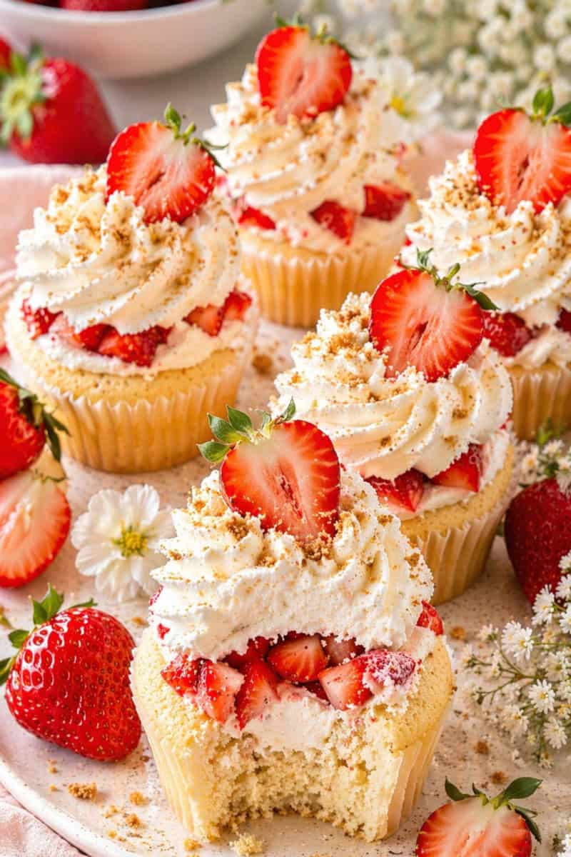Vanilla cupcakes filled with whipped cream and fresh strawberries, topped with soft cream swirls and sliced strawberries