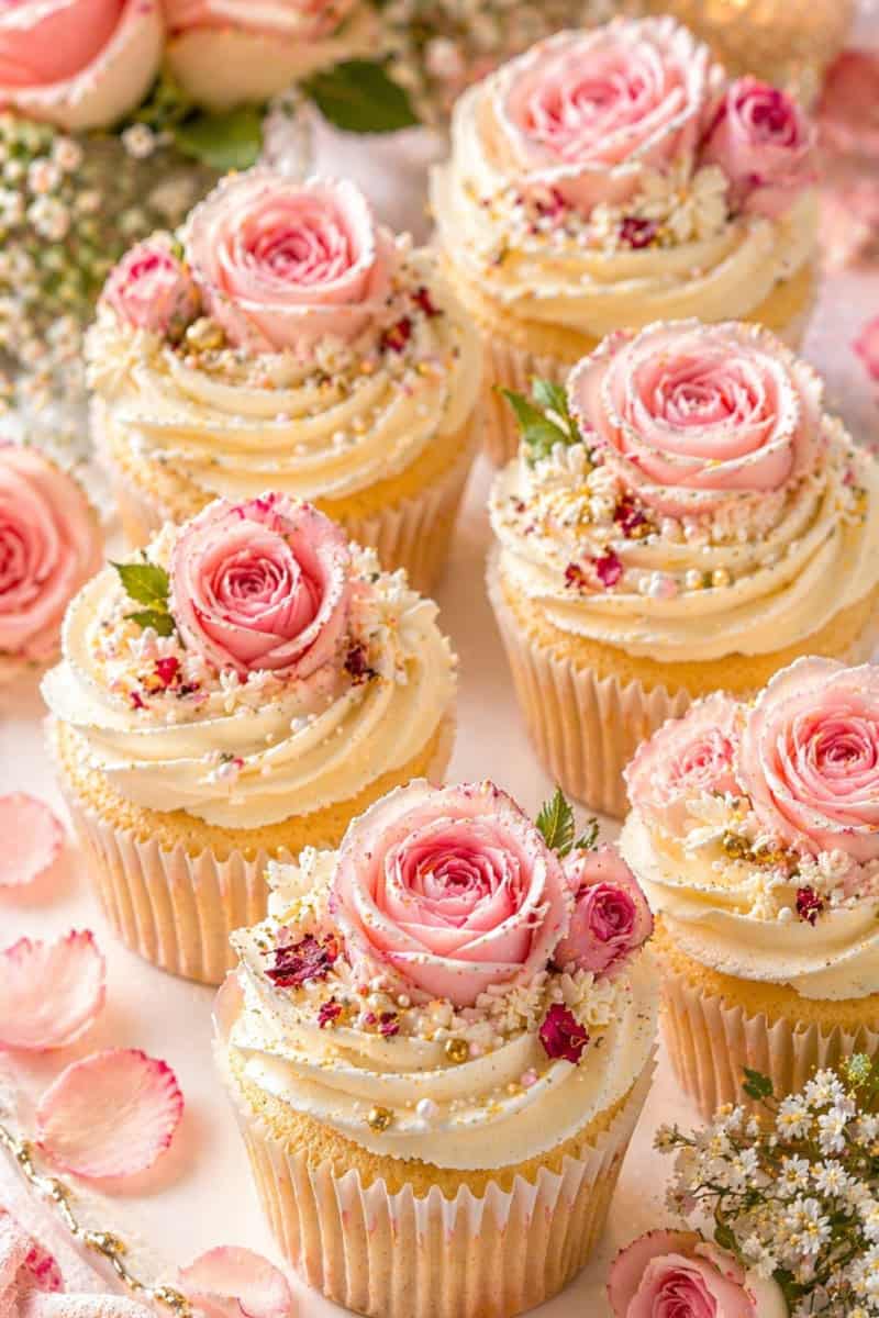Cupcakes topped with blush pink buttercream roses, smooth frosting swirls