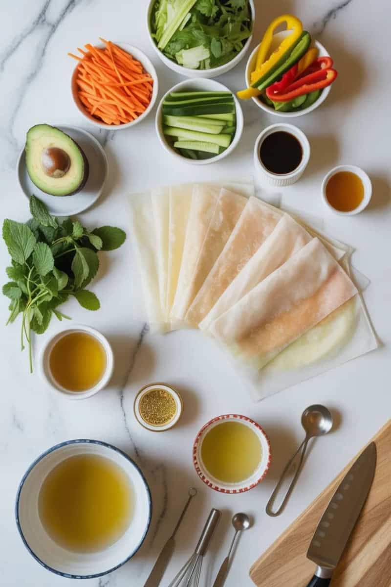 ingredients and tools for vegetable spring rolls arranged on a white marble counter