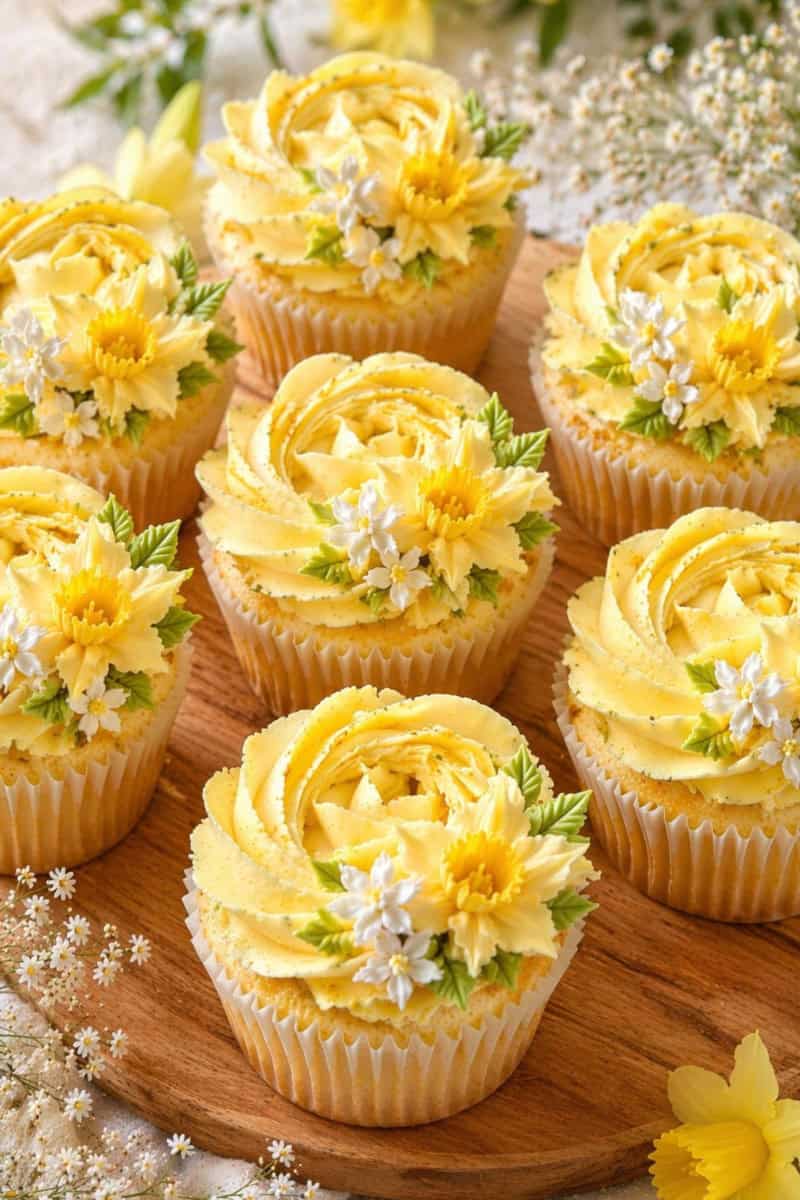 Yellow buttercream cupcakes decorated with delicate floral piping on a wooden board