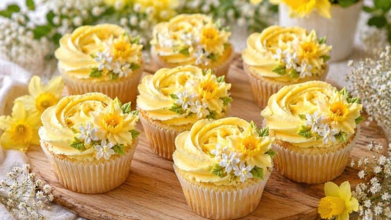 Fresh yellow spring floral cupcakes decorated with delicate floral piping on a wooden board