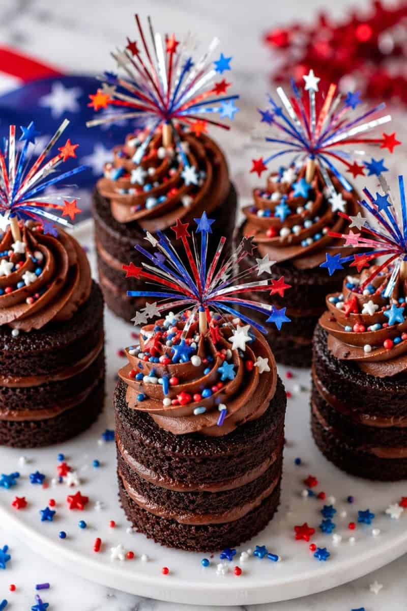 Patriotic firecracker chocolate mini cakes layered with chocolate frosting and topped with red, white, and blue sprinkles and sparkler-style decorations for a festive 4th of July