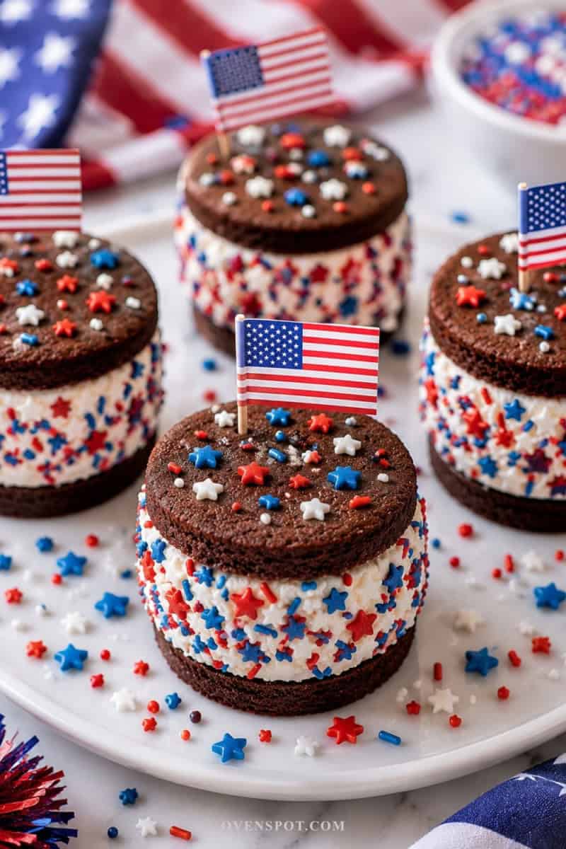 Patriotic s’mores mini cakes layered with chocolate cake, toasted marshmallow frosting, graham cracker crumbs, chocolate ganache, and mini American flags