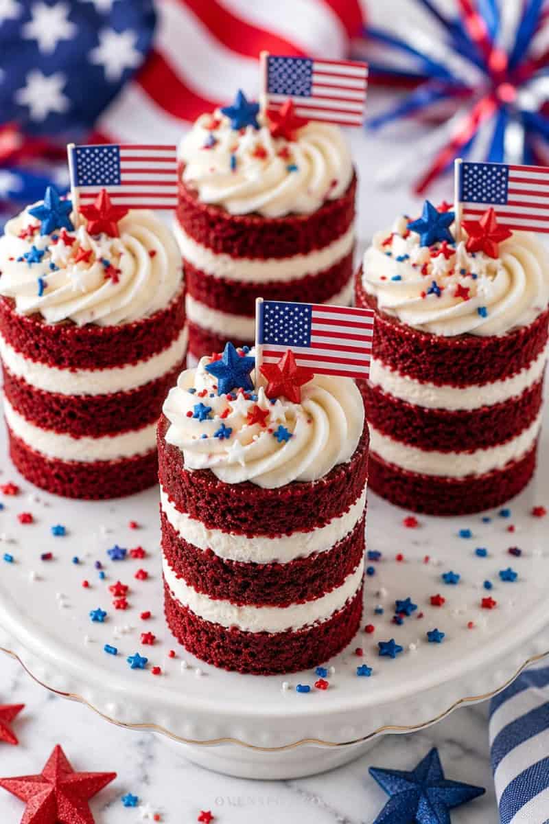 Elegant red velvet mini layer cakes with cream cheese frosting, patriotic sprinkles, and mini American flags