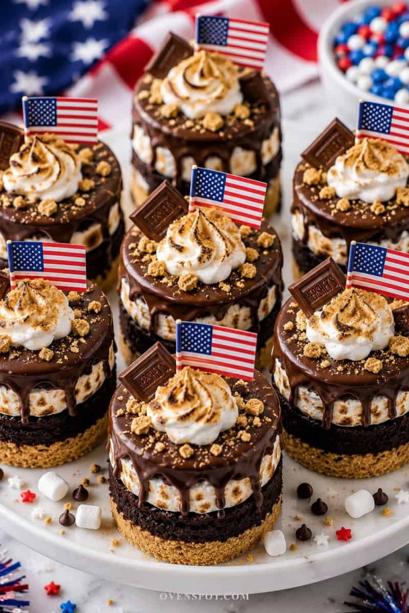 Patriotic s’mores mini cakes layered with chocolate cake, toasted marshmallow frosting, graham cracker crumbs, chocolate ganache, and mini American flags