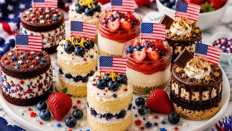 Festive 4th of July mini desserts including cheesecake jars, lemon blueberry mini cakes, patriotic ice cream sandwich cakes, chocolate cakes, and s’mores mini cakes displayed on a patriotic dessert table.