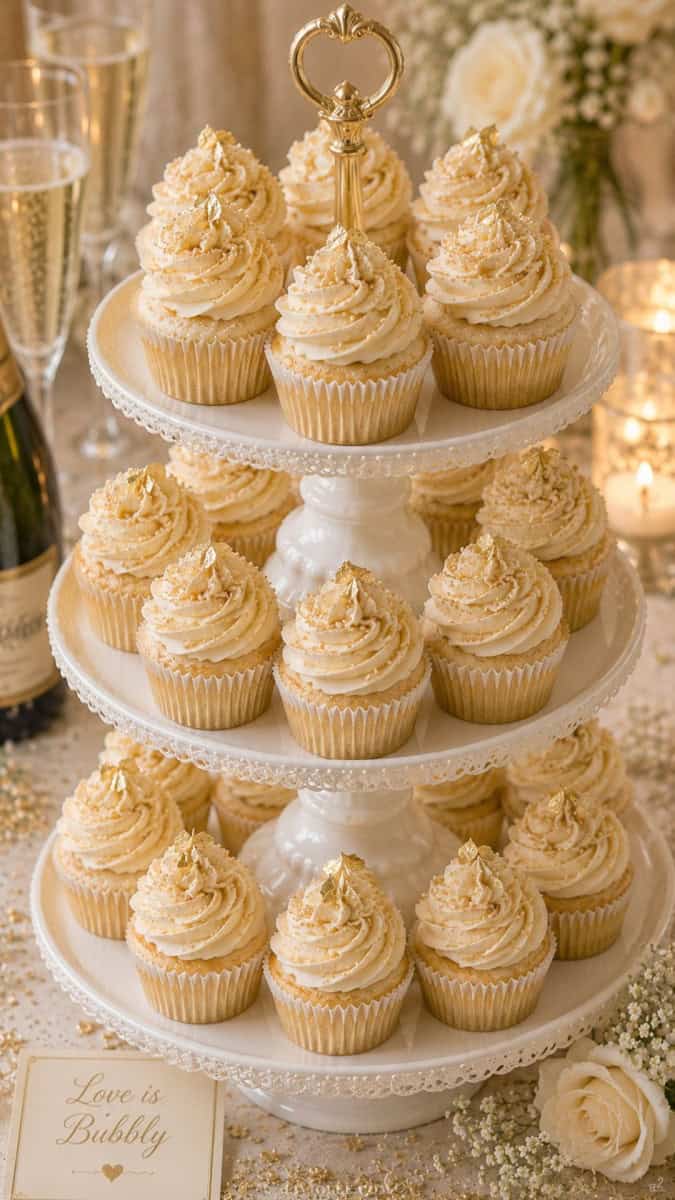 Luxurious champagne wedding cupcakes arranged on a layered white cake stand with elegant champagne-colored frosting swirls, edible gold leaf flakes, gold sanding sugar