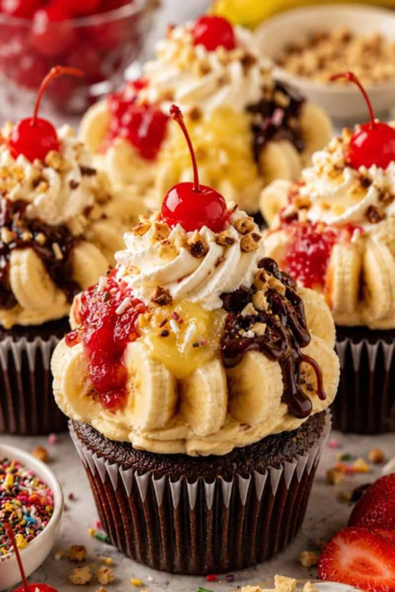 bannana split cupcakes
