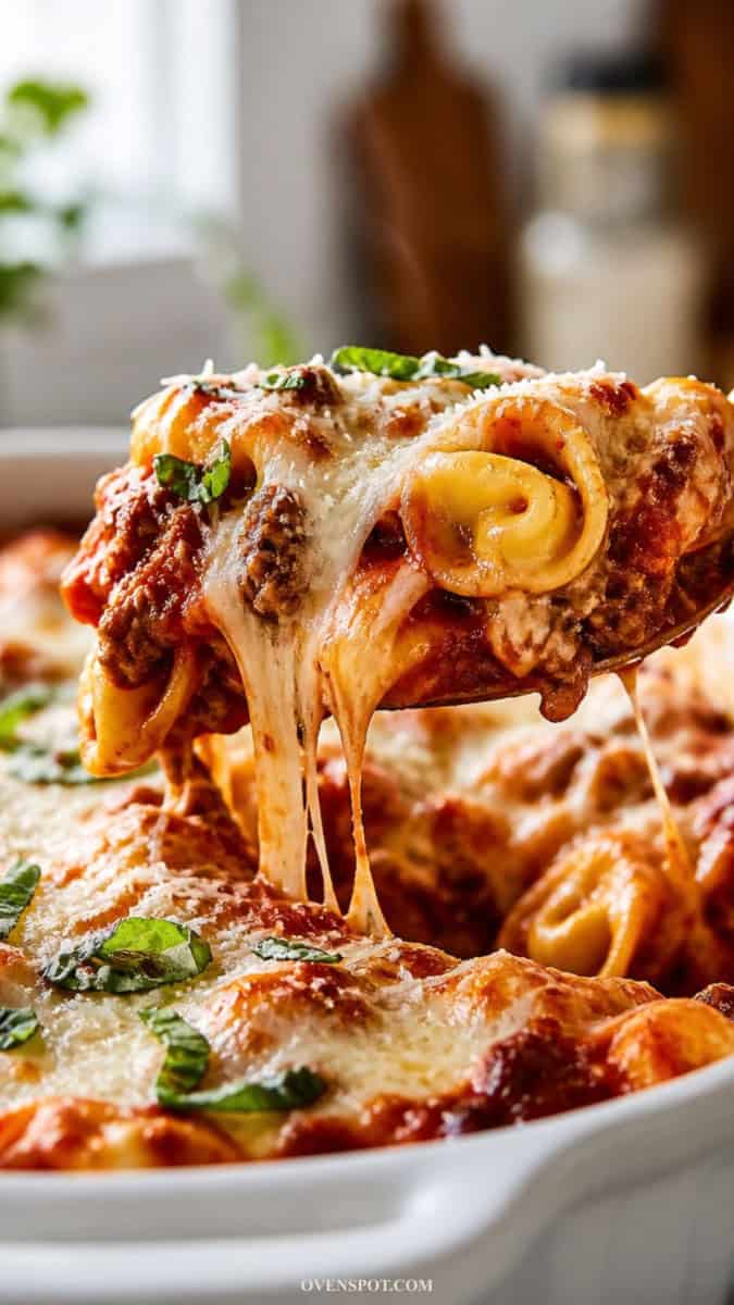 Cheesy beef tortellini bake with marinara and melted mozzarella on a white plate.