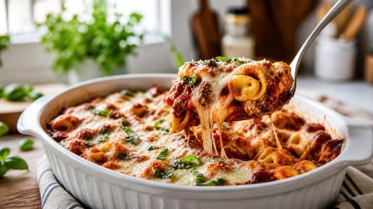 Cheesy beef tortellini bake with marinara and melted mozzarella on a white plate.