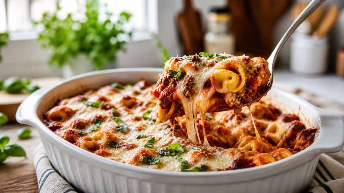 Cheesy beef tortellini bake with marinara and melted mozzarella on a white plate.