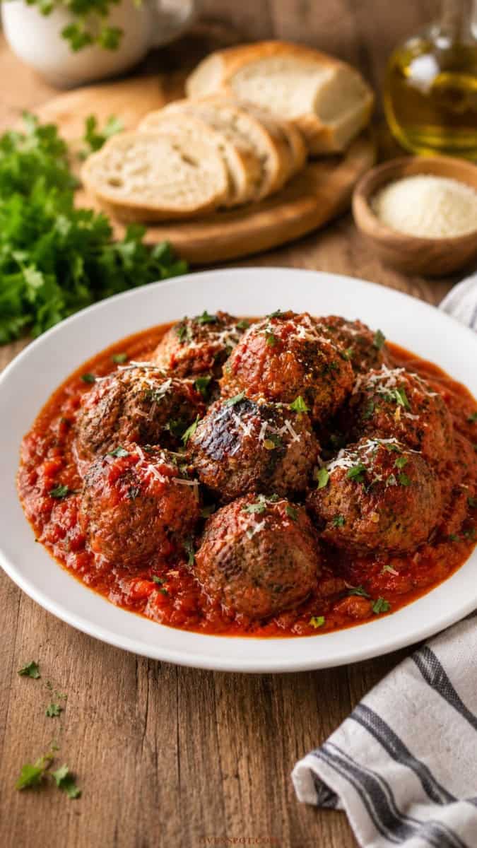 Italian meatballs Copycat Bobby Flay recipe in tomato sauce on a white plate with fresh basil and Parmesan.