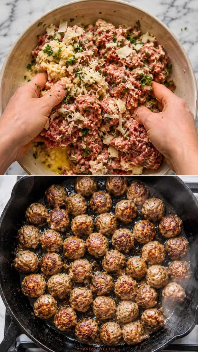 Mixing Italian meatball ingredients by hand in a bowl, and browning meatballs in a cast iron skillet.