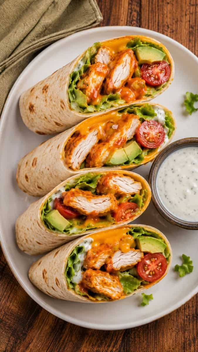 buffalo chicken wraps sliced on a white plate showing layers of spiced chicken, lettuce, avocado and cheese, with ranch dressing on the side