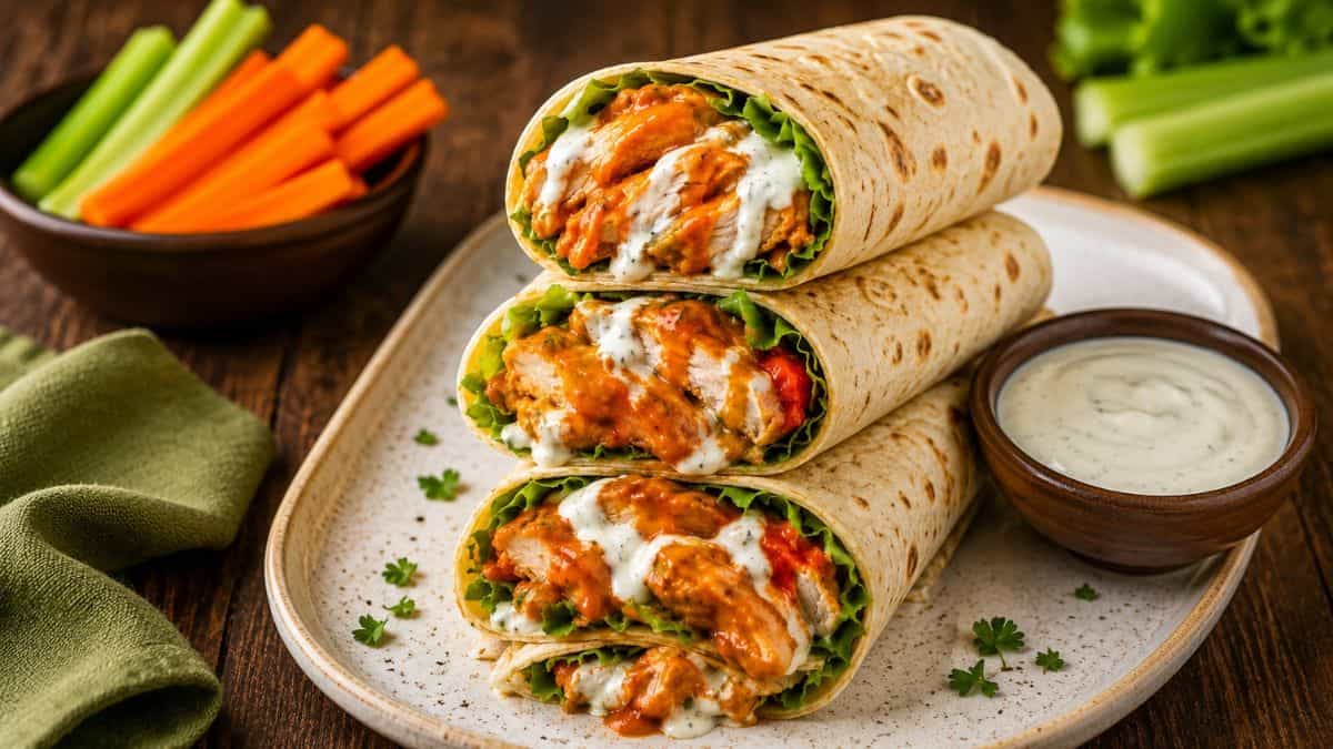 buffalo chicken wraps sliced on a white plate showing layers of spiced chicken, lettuce, avocado and cheese, with ranch dressing on the side