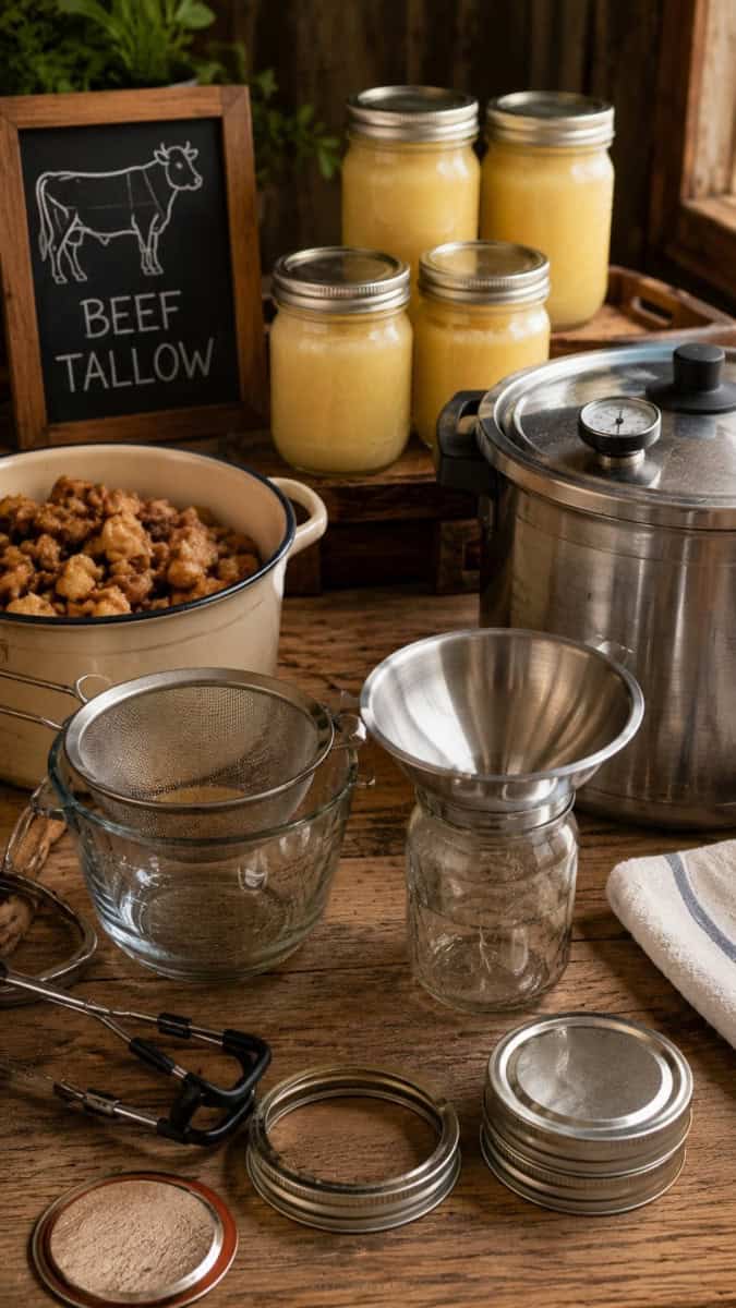 canning setup for beef tallow with pressure canner, mason jars, funnel, mesh strainer, jar lifter, lids, and rendered beef fat