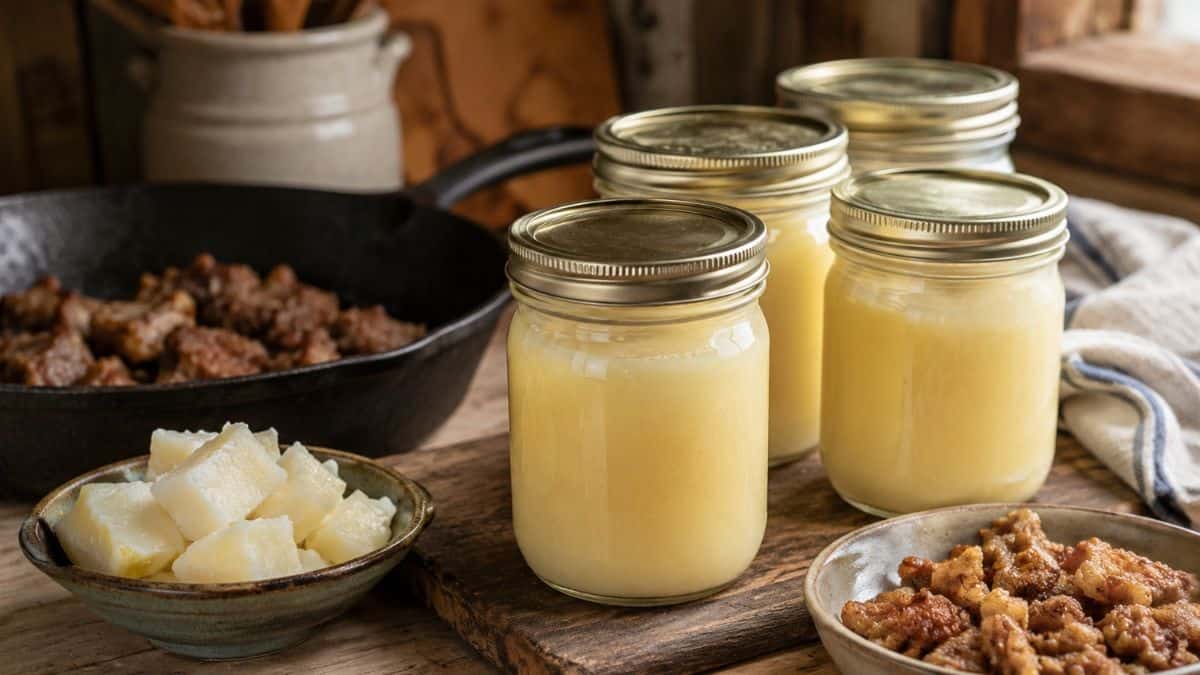 mason jars of creamy rendered beef tallow