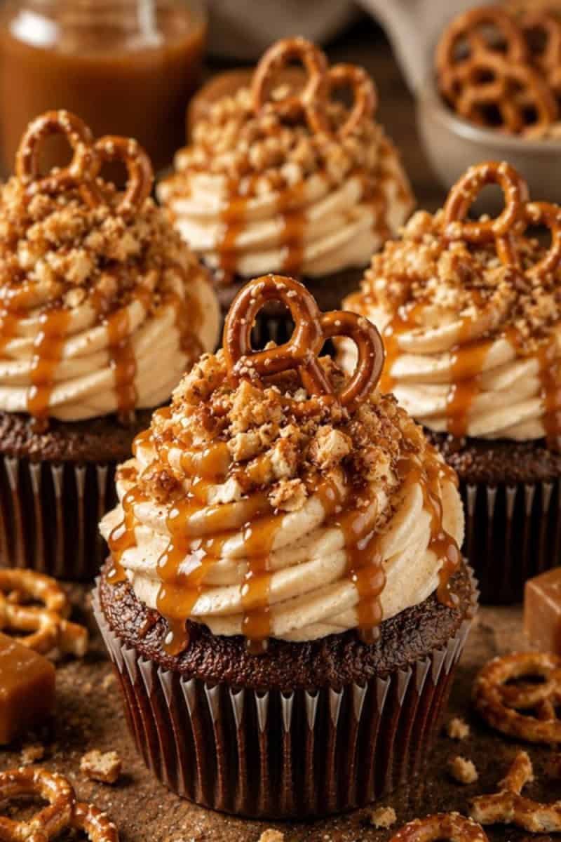 caramel pretzel crunch cupcakes