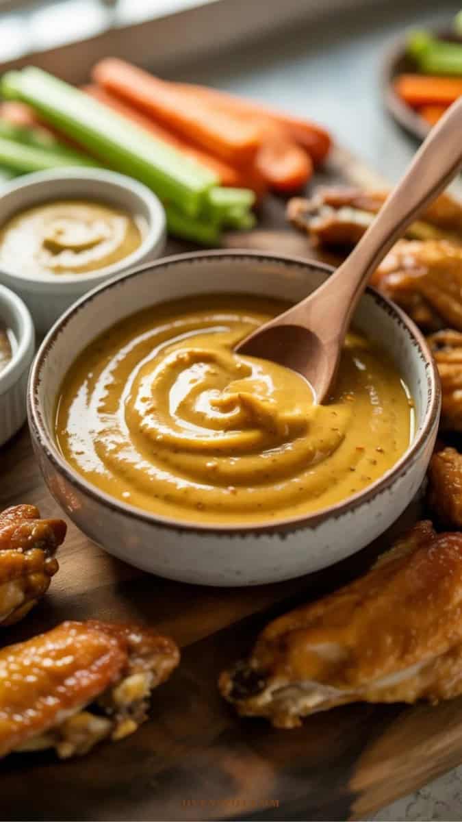 honey mustard dipping sauce, celery, carrots, chicken wings