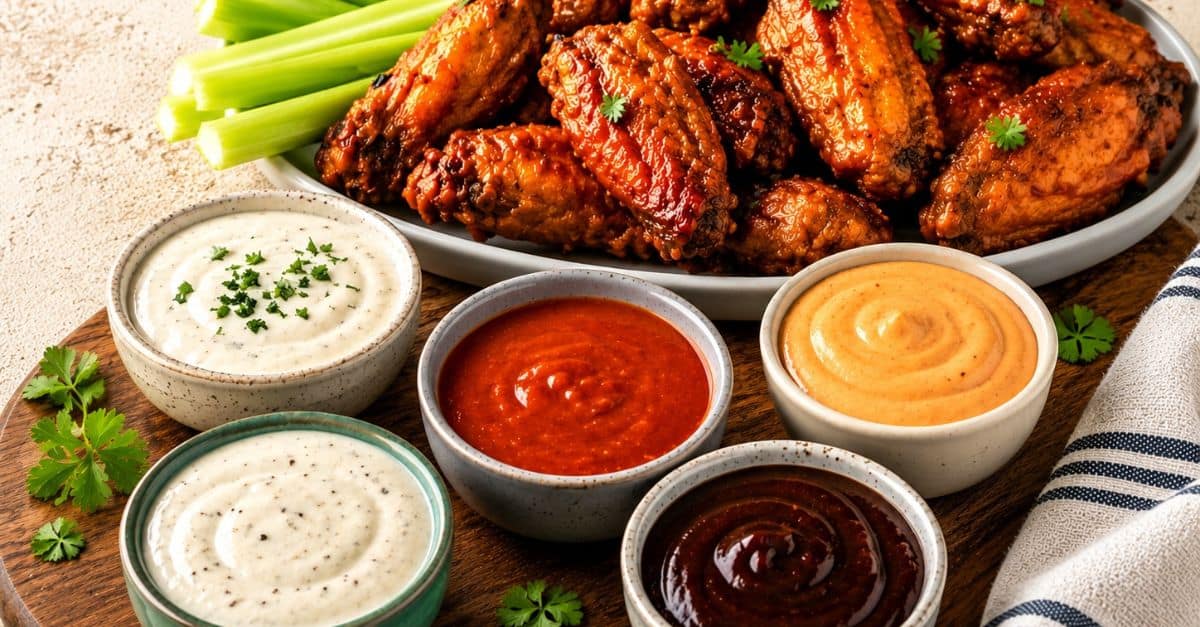 Golden crispy chicken wings served on a rustic wooden board with a variety of homemade dipping sauces including ranch, buffalo, spicy mayo, and barbecue sauce