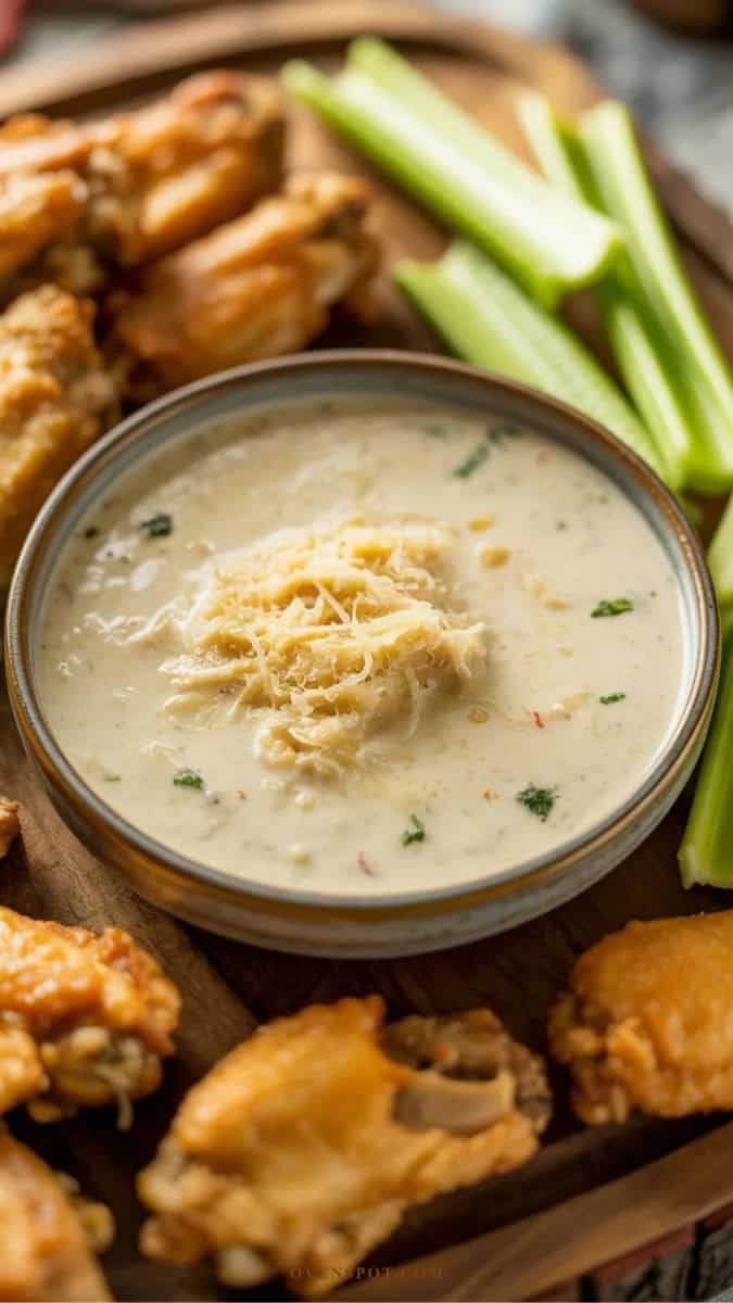 garlic parmesan dipping sauce chicken wings, carrots, celery