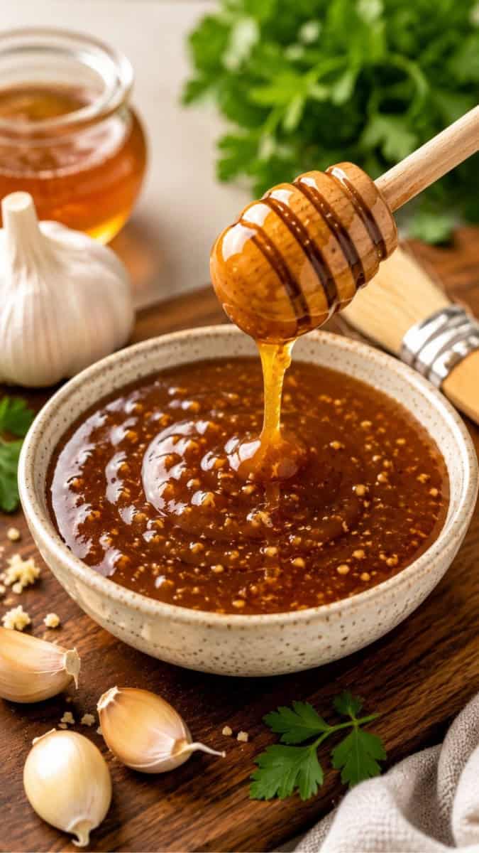 honey garlic dipping sauce in a rustic ceramic bowl with a honey dipper