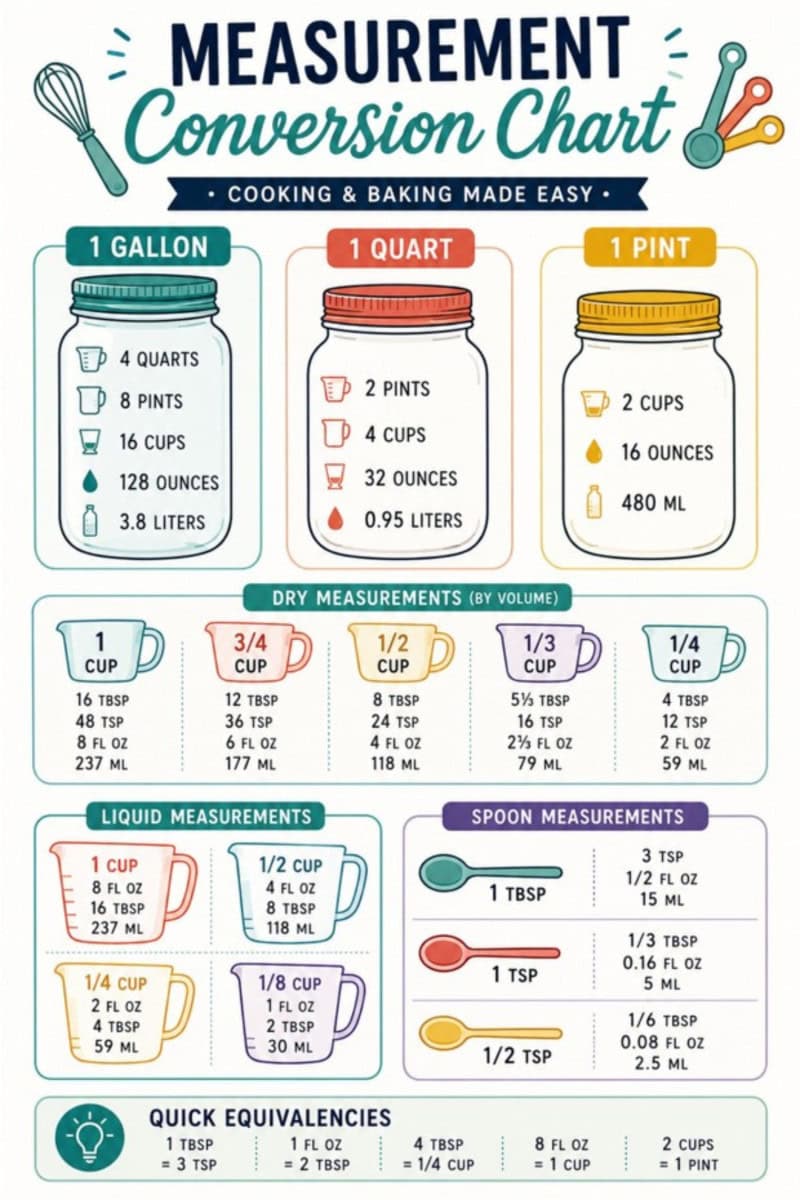 kitchen measurement conversion chart infographic featuring colorful jars, measuring cups, and spoon icons with common cooking and baking conversions