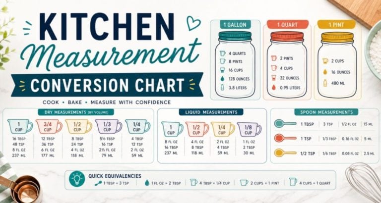 kitchen measurement conversion chart infographic featuring colorful jars, measuring cups, and spoon icons with common cooking and baking conversions