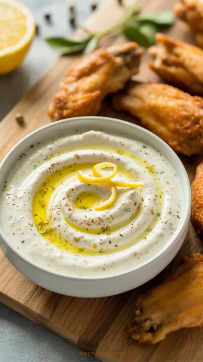 lemon pepper yogurt dip, lemon quarters, chicken wings