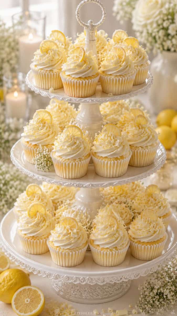 Elegant lemon and white chocolate cupcakes displayed on a layered white cake stand, topped with smooth white frosting, white chocolate curls, tiny candied lemon slices, and delicate lemon zest