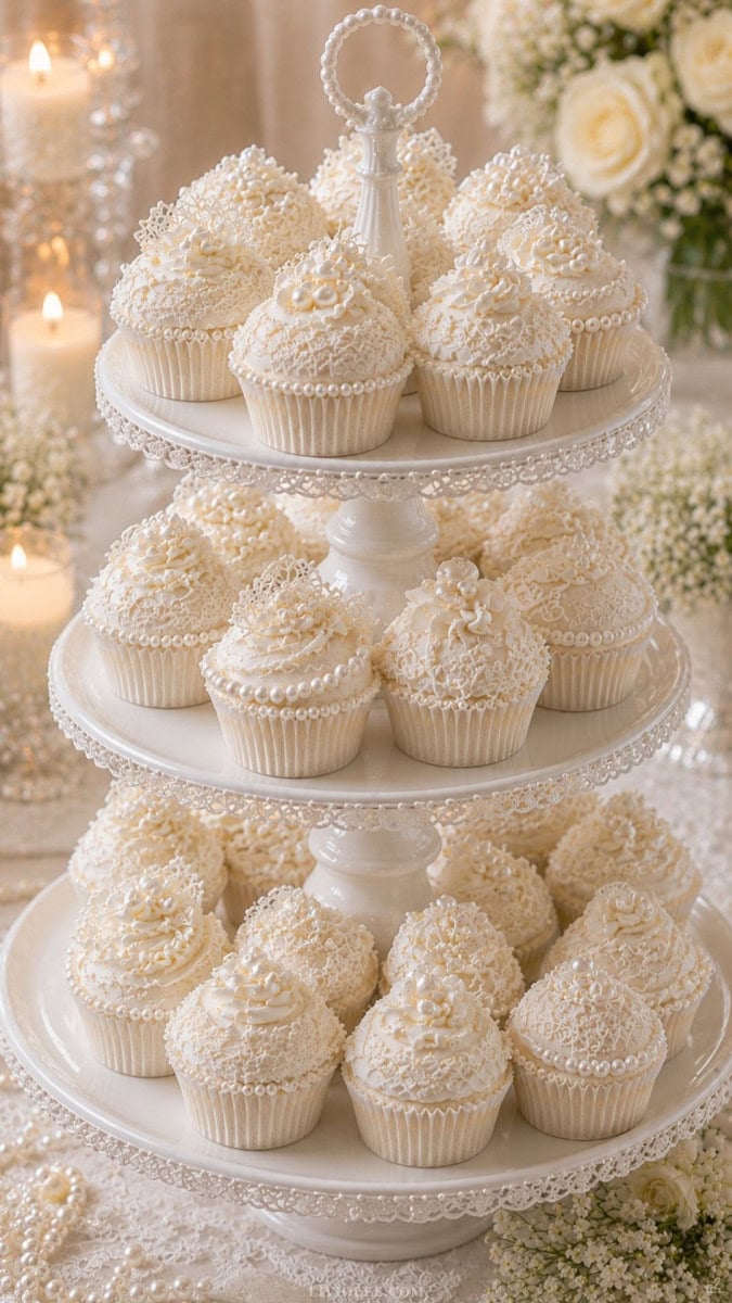 Elegant pearl and lace inspired wedding cupcakes displayed on a layered white cake stand, decorated with delicate lace-style frosting details, pearl dragees, piped borders, and edible lace accents